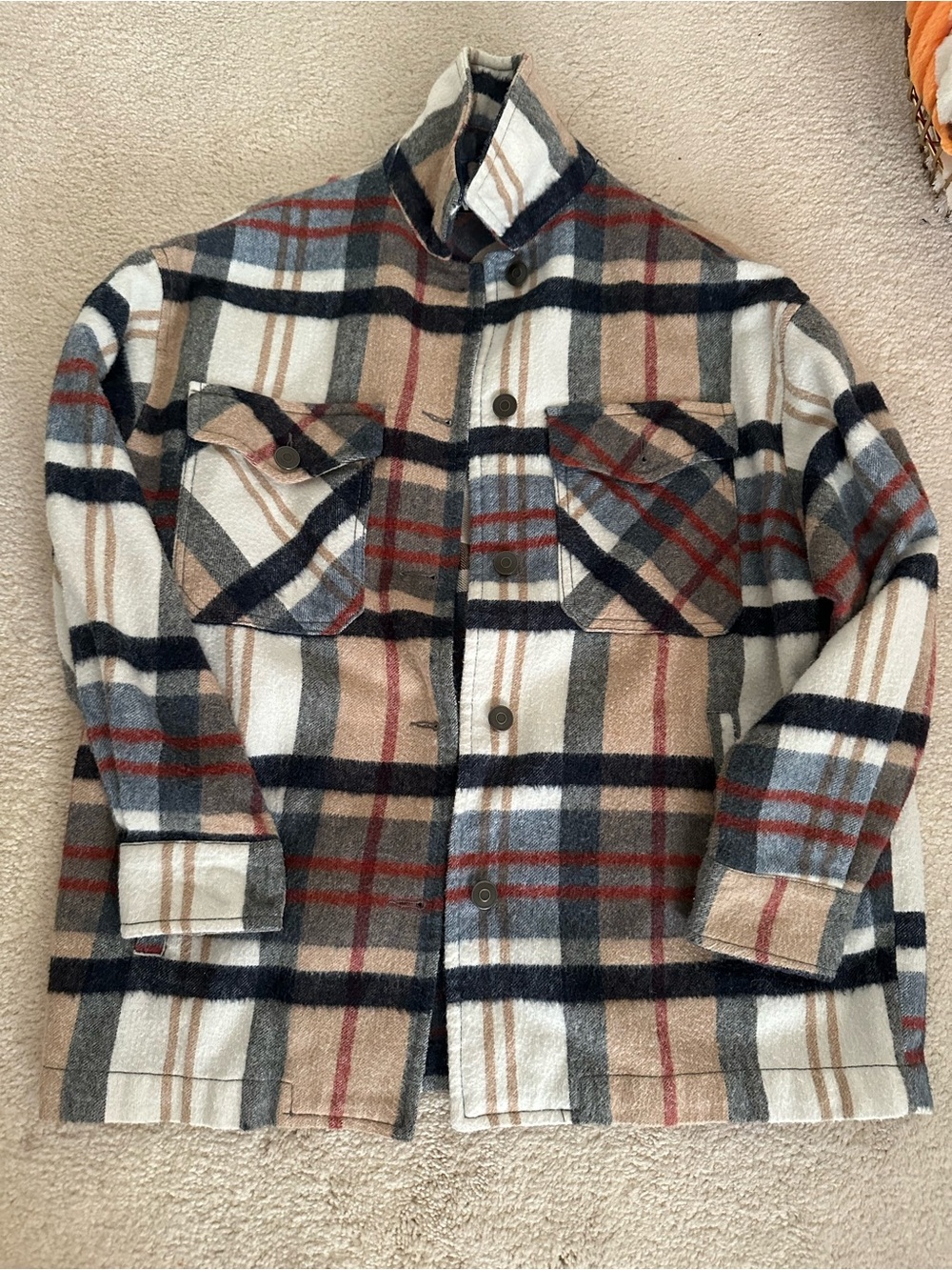 Zara Plaid Shacket Jacket in Cream, Navy & Brown